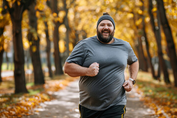 Obraz premium Plus size man jogging in a park, enjoying the outdoors and staying active
