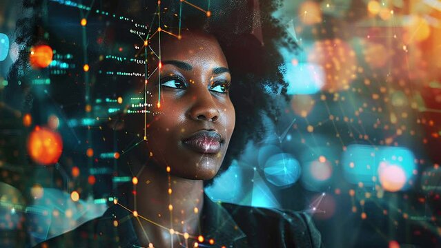 Female Computer Engineer Works on a Neural Network Artificial Intelligence Project. IT specialist, artificial intelligence collage.  Working in a data center. Generate AI.