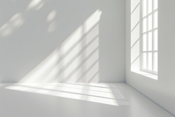 Minimalist room with large windows, sunlight and shadows on white walls and floor