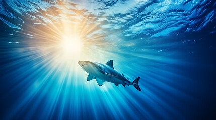 Obraz premium A lone shark swims through blue water with a sunbeam shining down, creating a dramatic and mysterious underwater scene. 