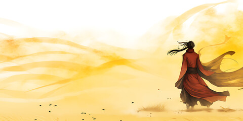 A lone figure in red walks through a yellow desert, evoking a sense of isolation and adventure. 
