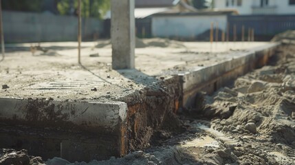 A concrete block sitting on top of a pile of dirt