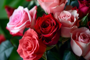 Fragrant bouquet of roses in various shades of pink and red