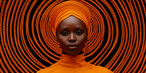 A woman in orange turban and clothing against a backdrop of orange rope, representing African culture and fashion. 
