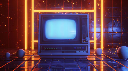 Retro television with blue screen and orange neon lights on a tiled floor, a nostalgic and futuristic aesthetic for 80s themed projects. 
