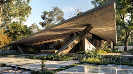 contemporary suburban home with a unique, angular roof design that provides shade and channels rainwater into a collection system for irrigation