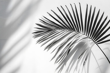 Obraz premium Black and white palm leaf shadow on white wall, minimalist tropical summer design. 