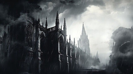 A gothic cathedral in a dark, stormy sky, perfect for Halloween, horror, and fantasy projects. 
