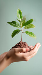 Green plant, brown soil, delicate hands, a symbol of new life and growth, perfect for spring and environmental themes. 
