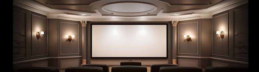A luxurious home theater with brown leather seats and a large white screen, perfect for a cozy movie night. 
