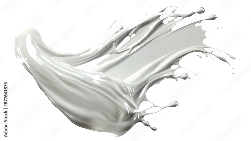 Poster a single splash of milk on a clean white surface, suitable for use in food or beverage related conte