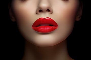 Naklejka premium Macro shot of woman's red lips parted slightly against a dark backdrop evoking elegance