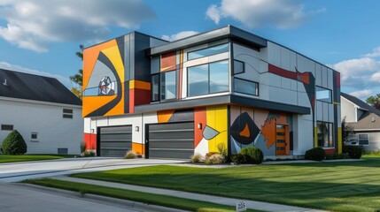 Fototapeta premium contemporary suburban home with a bold, abstract exterior paint job that makes it stand out in a traditional neighborhood
