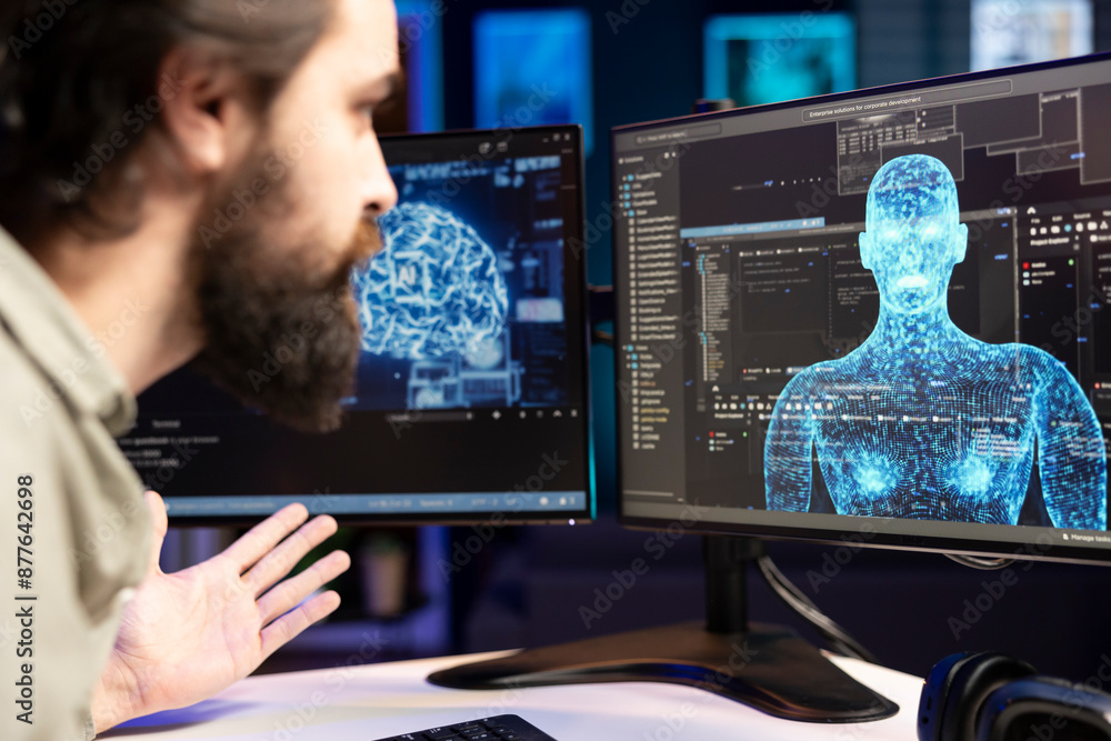 Poster artificial intelligence entity with anthropomorphic body escaping control of creator, breaking robot