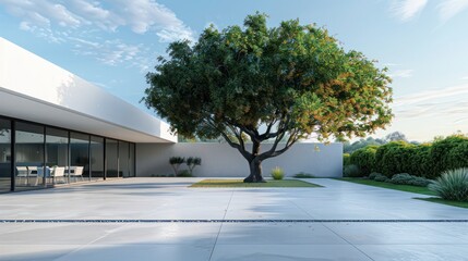 contemporary suburban home with a minimalist approach to the backyard, featuring a single, large tree as the focal point amid a smooth, concrete patio