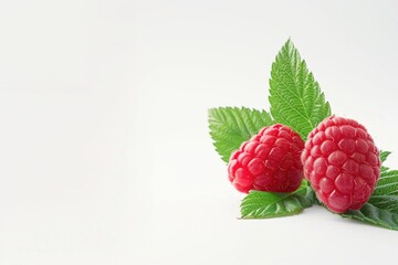 Fresh raspberries with leaves on a white background