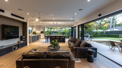 contemporary suburban home with an integrated indoor and outdoor sound system that allows for seamless audio experiences throughout the property