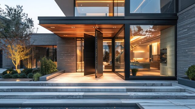 contemporary suburban home with a large, pivoting front door that creates a dramatic first impression and reflects the modern design of the interior
