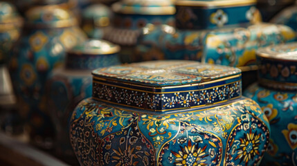 Detail of the intricate designs found on enamel boxes and canes.