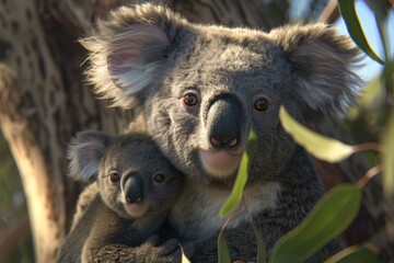 Obraz premium A mother koala holds her baby tight in a tree branch, highlighting the bond between them