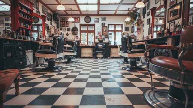 A vintage barbershop interior with multiple barber chairs, a black and white checkered floor, and a long counter with mirrors and shelves.