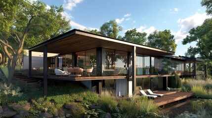 Obraz premium contemporary suburban home with an elevated deck that wraps around the house, providing various views and settings for relaxation or entertainment