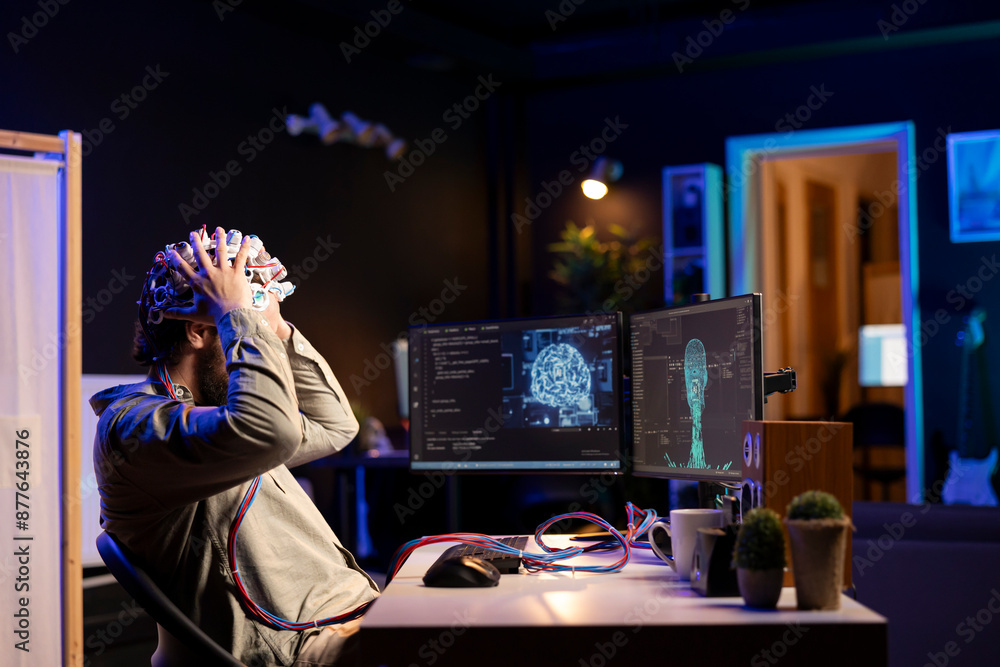 Poster computer scientist placing eeg headset on head to communicate with artificial intelligence entity wi