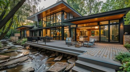 contemporary suburban home with a seamless blend of indoor and outdoor spaces, featuring sliding glass walls and a deck that extends over a natural creek