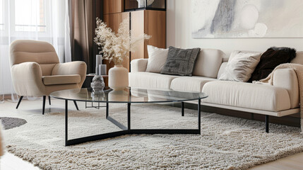 Living room interior featuring stylish furniture, with a focus on a plush carpet.