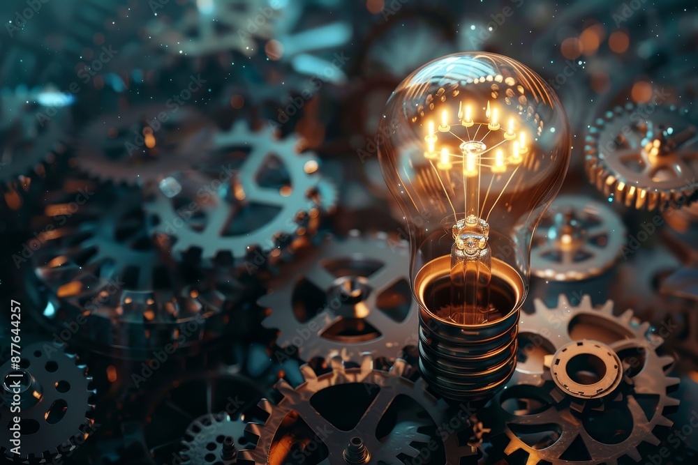 Poster lightbulb surrounded by gears and cogs, symbolizing innovation and creativity concept