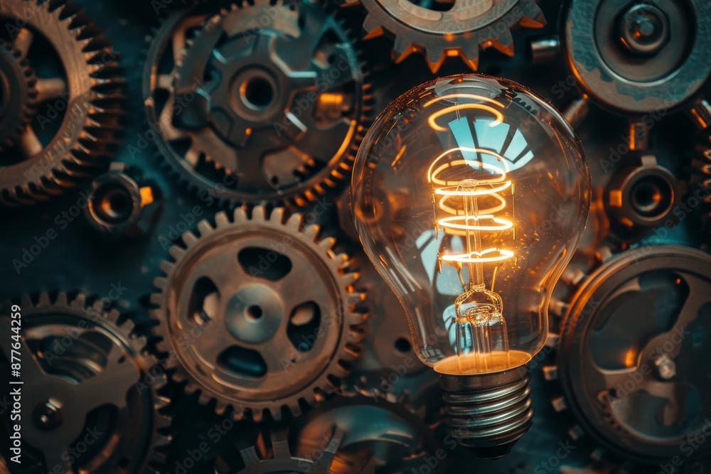 Poster lightbulb surrounded by gears and cogs, symbolizing innovation and creativity concept