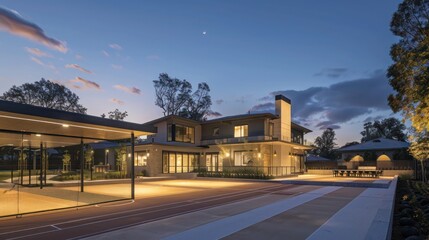 contemporary suburban home with an outdoor sports court that includes lighting for nighttime play, blending recreation with modern design