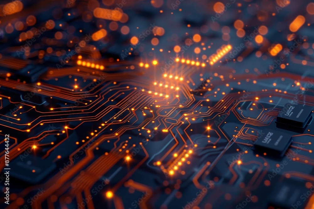 Poster abstract circuit board pattern with glowing lights, representing technology and connectivity concept