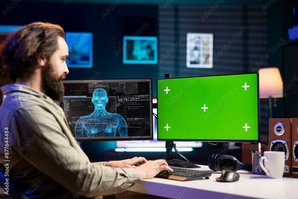 Poster artificial intelligence entity with anthropomorphic body escaping control of creator, appearing on g