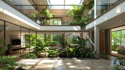 contemporary suburban home with a two-story glass atrium that houses a tropical garden, creating a natural sanctuary within the urban environment