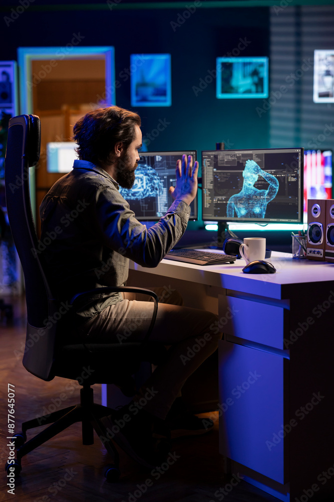 Poster self aware ai gaining humanoid form inside cyberspace, waving hand, saluting programmer in apartment