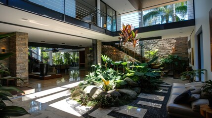 contemporary suburban home with a two-story glass atrium that houses a tropical garden, creating a natural sanctuary within the urban environment