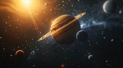 A captivating image of Saturn with its iconic rings and surrounding moons set against a star-studded backdrop, emphasizing the planet's grandeur in the cosmic theater.