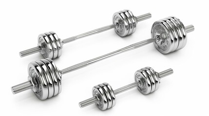 a set of barbells, weightlifting gear, photorealistic, chrome finish, isolated on white background