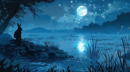 Chinese rabbit under the moonlight by a river, year of the rabbit, chinese lunar new year 2023. generative ai. lunar. Illustration 