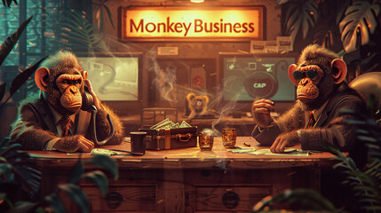 a jungle-themed office where monkeys are engaging in corrupt financial activities, funny depict of monkey business