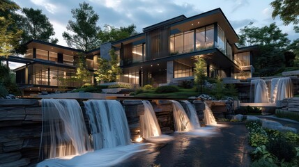 contemporary suburban home with a multi-level backyard that includes waterfalls and modern landscaping, creating a serene retreat