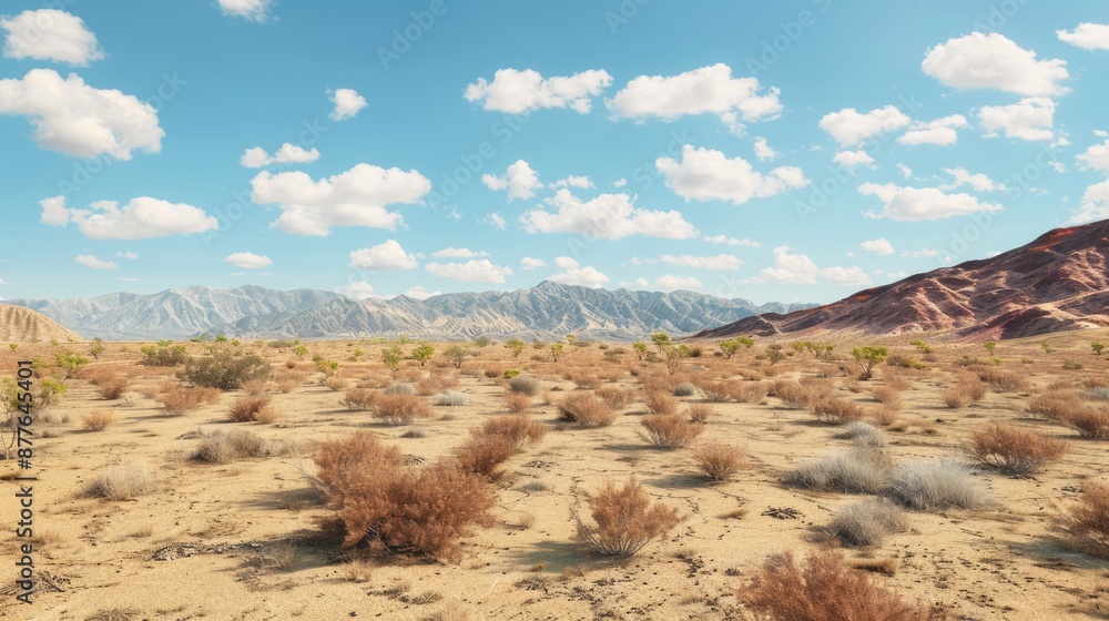 Poster a vast desert area with distant mountain ranges in the background, featuring sandy dunes and sparse 