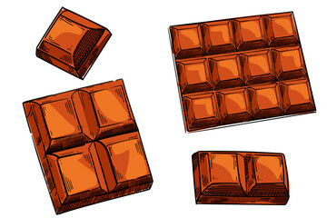 Set of hand drawn sweet chocolate bar. Colored sketch vector illustration isolated on white background