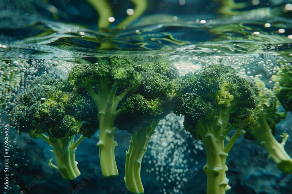 Poster fresh broccoli florets are submerged in water with bubbles, creating a visually appealing scene