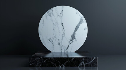 White marble stand on a black backdrop, geometric art deco frame, simple and modern art, clean design, cosmetics display for high-end products