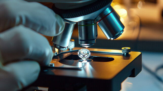  close-up photo of a gemologist examining a diamond under a microscope in a well-lit laboratory