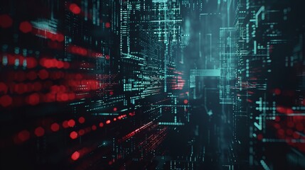 Intricate digital matrix with glowing red and teal lights, representing a futuristic data stream flowing seamlessly through a complex network grid, capturing the essence of technology.