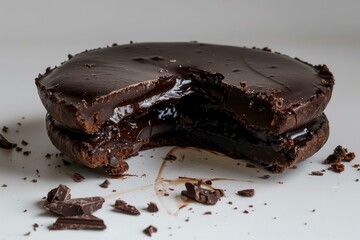 Rich chocolate cake oozing with ganache filling is broken open, revealing its decadent layers