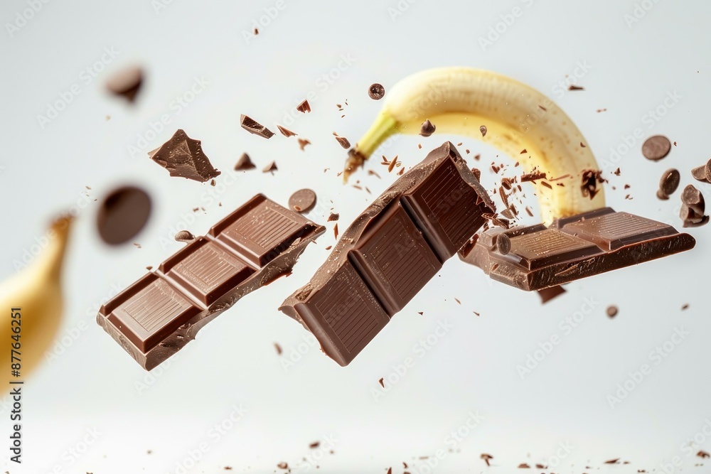 Poster chocolate bars and a banana are exploding on a white background